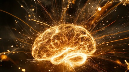Aufkleber - Sparkling Brain with Golden Energy Burst and Light Effects