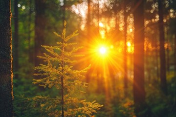 Wall Mural - Young pine tree growing in sunny forest at sunset