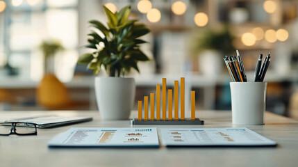 Aufkleber - modern workspace featuring business charts, plant, and stationery. vibrant colors and organized layout create inspiring atmosphere for productivity and analysis