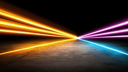 abstract neon light streaks converging on dark textured ground.