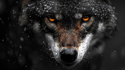 Poster - Close-up of a wolf's intense gaze, snow falling around its face.