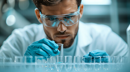 Aufkleber - Laboratory technician conducting experiments with test tubes, focused on analysis. Wearing protective gear, showcasing precision and attention to detail in scientific environment