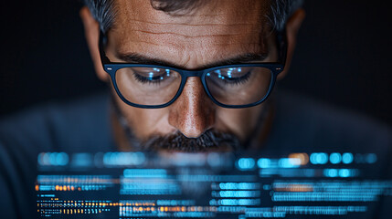 Aufkleber - cybersecurity expert analyzing data on computer screen, focused and engaged in work. digital interface displays complex information, highlighting importance of cybersecurity