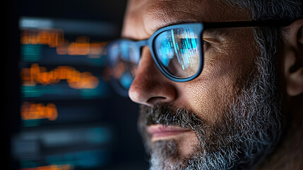 Fototapete - cybersecurity expert analyzing data on screen, focused and attentive. reflection in his glasses shows digital information, highlighting importance of data security