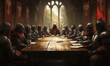 © jambulart - Armored figures convene; leader in red robe.