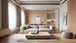 © Nexora - A modern interior features a neutral color palette, incorporating light wood paneling, a comfortable sofa, and a minimalist coffee table.
