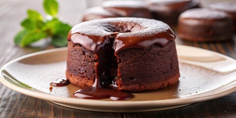 Wall Mural - Close up of a delicious chocolate fondant, chocolate, fondant, dessert, tasty, sweet, indulgent, gooey, decadent, delicious