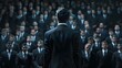 © Kanika Graphic - Man in Suit Facing Large Crowd of People in Dark Suits with Dramatic Lighting