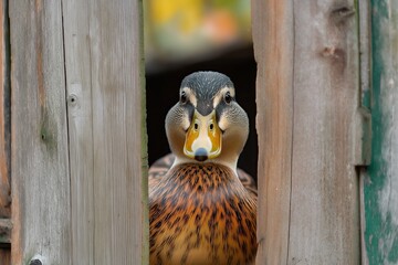 Duck peeking out from a hole in a wooden fence