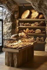 Wall Mural - Rustic Bakery Displaying Freshly Baked Breads and Pastries