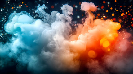 Abstract swirling blue and orange smoke clouds on dark background with bokeh lights.