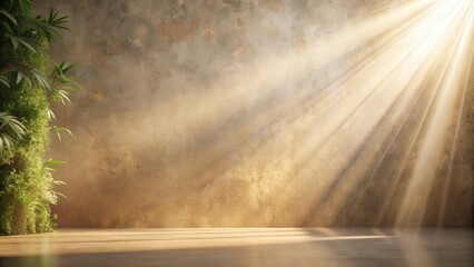 Poster - Sunbeams illuminate a rustic concrete wall with a green plant in the foreground, offering a natural and minimalist backdrop for showcasing products or displaying text.