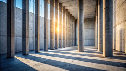 Poster - The sunlight casts long shadows across the empty concrete floor, highlighting the rows of columns in this minimalist architectural design.