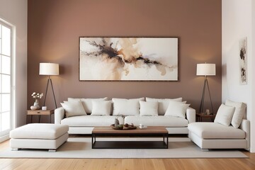 A modern living room with a white sofa, table, lamp, wooden floor, and minimal art frame on a mocha-colored wall.