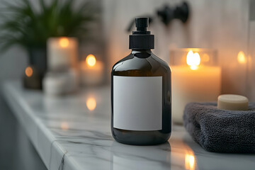 Amber bottle with blank label, candles, soap, and towel on marble surface.