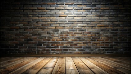Aufkleber - An old brick wall backdrop with rustic wooden floorboards illuminated by a single light source.