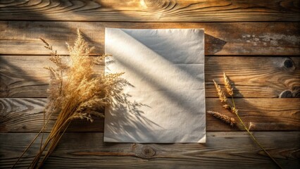 Poster - Rustic Wooden Background with Blank Paper and Dried Grass for a Natural and Earthy Design