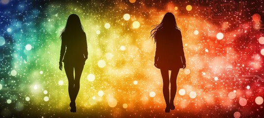 Wall Mural - two women silhouetted, walking away against a vibrant, abstract background of colors and light