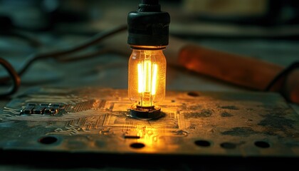 Wall Mural - Illuminated Vintage Bulb Atop Circuit Board