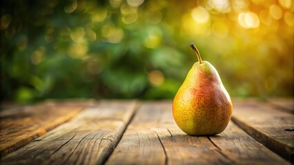 Sticker - A single ripe pear resting on rustic wooden planks with a soft, sun-drenched backdrop of blurred green foliage.