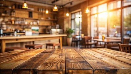 Poster - Rustic Wooden Tabletop with Blurred Background of a Cozy Cafe with Warm Lighting and Sunlight Streaming in Through a Window