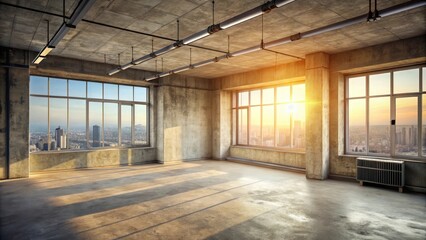 Poster - Empty Room with Exposed Concrete Walls and Windows Offering a Panoramic View of a City Skyline at Sunset