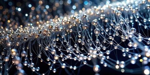 A mesmerizing abstract of glistening spheres suspended in a delicate web of intricate lines, reflecting the warm glow of unseen lights.