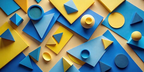Poster - Abstract Geometric Shapes in Blue and Yellow Colors on a Beige Background