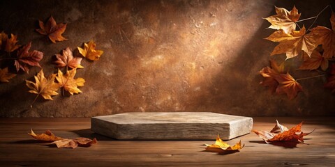 Poster - Rustic Autumnal Wooden Platform with Scattered Fallen Leaves and Soft Lighting