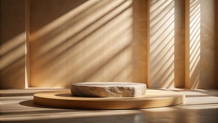 Poster - A natural stone podium with a wooden base, bathed in sunlight streaming through blinds, creates a serene and minimalist setting for product display.
