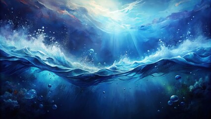 Poster - A Serene Underwater Scene with Sunbeams Piercing Through the Surface and Bubbles Rising Towards the Light