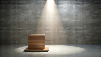 Poster - A minimalist wooden platform sits in a beam of light against a rough concrete wall.