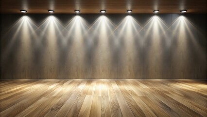 Poster - Empty room with wooden floor and spotlights shining on a concrete wall
