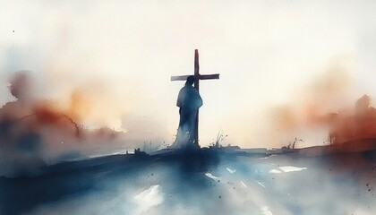 Wall Mural - Jesus Christ Carries the Cross Passion Suffering Redemption Digital Watercolor Painting