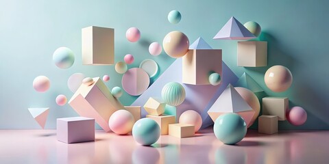 Leinwandbilder - A vibrant abstract composition of pastel-colored spheres and geometric shapes against a soft blue background.