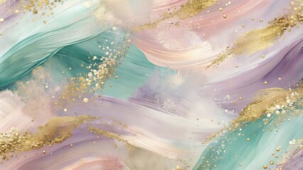 Poster - Abstract Watercolor Background with Swirls of Green, Purple, and Pink Hues and Golden Glitter