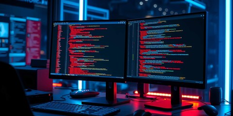 Programming on dual screens, modern workspace, intelligent developer creating high-tech innovative websites seamlessly