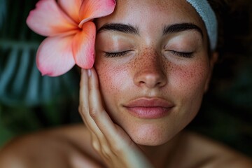 A close-up portrait of a woman with closed eyes and flower