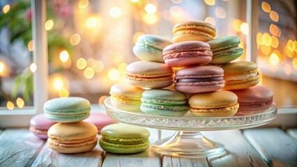 Wall Mural - A delicate display of colorful macarons arranged on a glass cake stand, illuminated by warm bokeh lights.