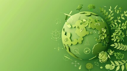 a green earth with symbols representing green biotechnology applications, such as bio-remediation pr