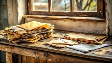 Aufkleber - A stack of old envelopes on a rustic wooden table with a window in the background