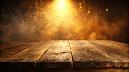 Poster - Rustic Wooden Tabletop with a Soft Golden Bokeh Background