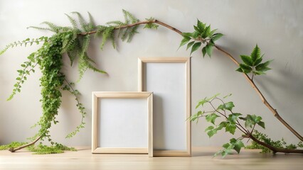 Poster - Two Wooden Frames Resting on a Light Wooden Table Surrounded by Greenery