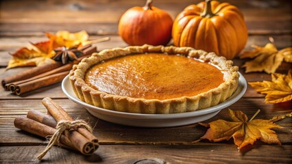 Poster - A freshly baked pumpkin pie sits on a rustic wooden table surrounded by autumn leaves and cinnamon sticks.