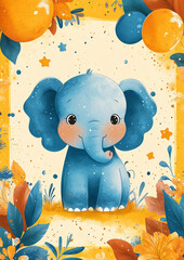 A cartoon elephant is standing in a field of yellow and blue flowers