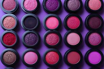 Colorful eyeshadow palettes in various shades of pink and purple arranged on a purple background.