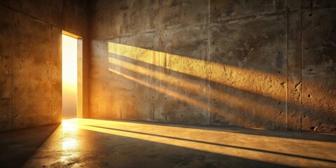 Poster - Sunlight streams through a doorway in a concrete room, casting long shadows on the floor
