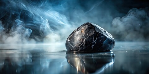 Poster - A solitary smooth black rock sits on a reflective surface surrounded by ethereal wisps of smoke.