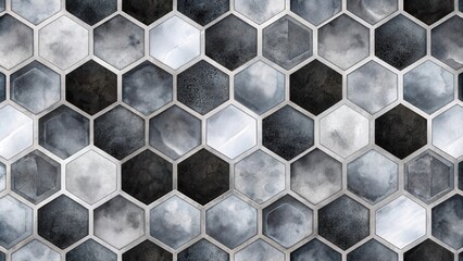 Fototapete - Abstract Seamless Pattern of Gray and Black Watercolor Hexagons