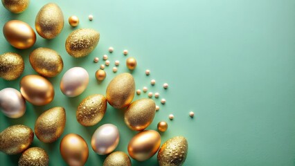 Wall Mural - A festive arrangement of gold and silver eggs on a turquoise background with scattered pearls